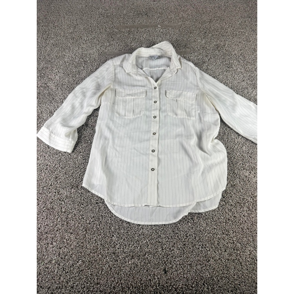 HM Womens White Pinstripe Button Down Roll Tab Sleeve Blouse Shirt Size 6
